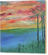 Sunset With Palm Trees Wood Print