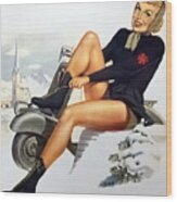 1940s Woman Ice Skater And Scooter Wood Print