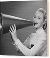1950s Blonde Woman Cheerleader Yelling Wood Print