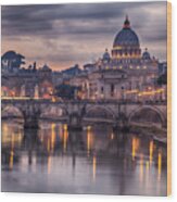 Illuminated Bridge In Rome Italy Wood Print
