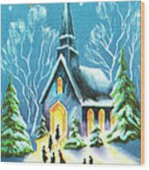 Winter Church At Night #2 Wood Print