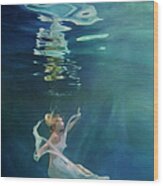Caucasian Woman In Dress Swimming Under #5 Wood Print