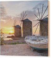 Sunrise Image Of The Iconic Windmills In Chios Town. #5 Wood Print