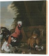 A Bantam Cockerel With Hens And Chicks In A Farmyard Wood Print