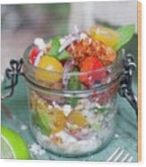 A Fajita Salad With Chicken, Peppers, Yellow Cherry Tomatoes, Chilli, Fresh Mint, Barley And Feta Wood Print
