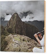 A Flutist At Macchu Picchu In Peruian Highlands Wood Print