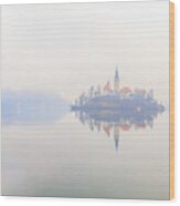 A Foggy Morning At The Bled Lake Wood Print