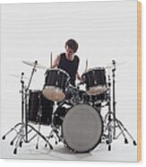 A Man On Drums Performing, Studio Shot Wood Print