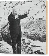 Alfred Hitchcock Surrounded By Seagulls Wood Print