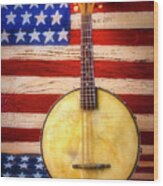 American Banjo Folk Art Flag Wood Print