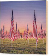 American Flags At Sunset Wood Print