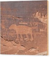 Ancient Petroglyph Of A Bear Hunt Wood Print