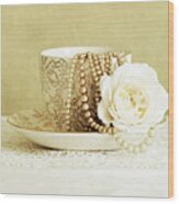 Antique Cup And Saucer With White Flower And Pearls Wood Print