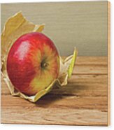 Apple With Paper On Wooden Table Wood Print