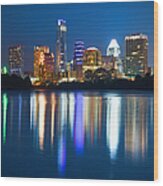 Austin Skyline Cityscape At Night Wood Print