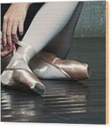 Ballet Dancer Tying On Slippers Wood Print