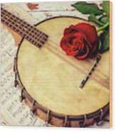 Banjo And Red Rose Wood Print
