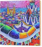 Barcelona Park Guell Colorful Night Textural Impasto Knife Oil Painting Abstract Ana Maria Edulescu Wood Print