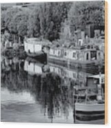 Barges On The Calder Monochrome Wood Print