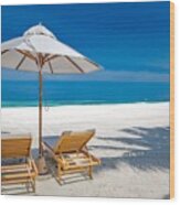 Beach Chairs With Umbrella Over White Wood Print