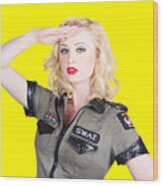 Beautiful Blond Woman In Military Outfit Wood Print