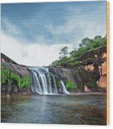 Beautiful Waterfalls In The Middle Wood Print