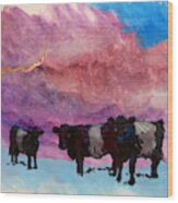 Belted Galloway Cows Purple Cloudy Sky Painting Wood Print