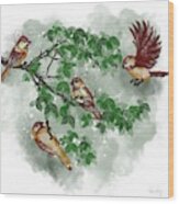 Birds On The Tree Branch Wood Print