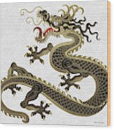 Black And Gold Sacred Eastern Dragon Over White Leather Wood Print