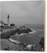 Black And White Portland Head Lighthouse Wood Print