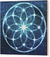Blue Cosmic Geometric Flower Mandala Wood Print