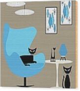 Blue Egg Chair With Cats Wood Print