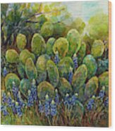 Bluebonnets And Cactus 2 Wood Print
