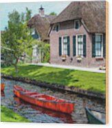 Boats In A Row. Giethoorn. The Netherlands Wood Print