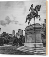 Boston Skyline And George Washington Statue - Black And White Wood Print