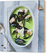 Bowl Of Pea And Mussels Soup Wood Print