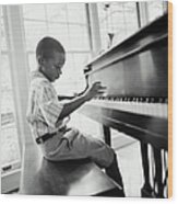 Boy 6-8 Playing Piano In Home B&w Wood Print