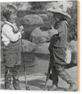 Boy And Girl Dressed In Fly-fishing Gear Wood Print