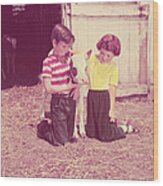 Boy And Girl Kneeling Straw In Barn Wood Print