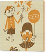 Boy, Girl And Balloons Wood Print