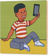Boy Holding A Mobile Phone Wood Print