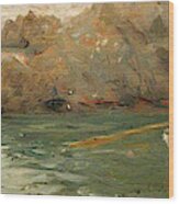 Boy Rowing Out From A Rocky Shore Wood Print