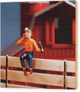 Boy Sitting On Fence Holding Bottle And Yelling Wood Print