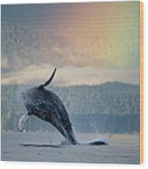 Breaching Humpback Whale And Rainbow Wood Print