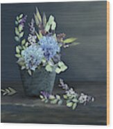 Bucket Of Blue Hydrangeas Wood Print
