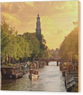 Canal In Amsterdam With The Church Wood Print