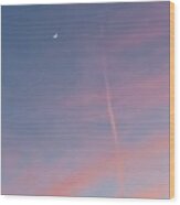 Cancerian Crescent And Contrail Sunset Wood Print