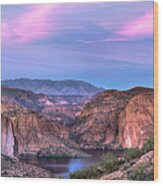 Canyon Lake And Four Peaks Sunset Panorama Wood Print