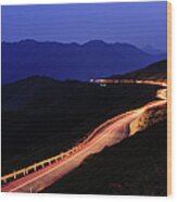 Car Light Trail In Mountain Highway Wood Print