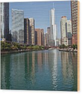 Chicago River And Skyscrapers In Wood Print